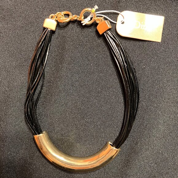 nOir Gold Tone Plate and Black Leather Strap Necklace - Picture 1 of 4